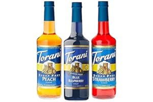 RTORRE Torani Sugar Free Syrup Fruit Flavors 3 Pack, Blue Raspberry, Peach, Strawberry 25.4 Ounce Each Bottle (750 ML)