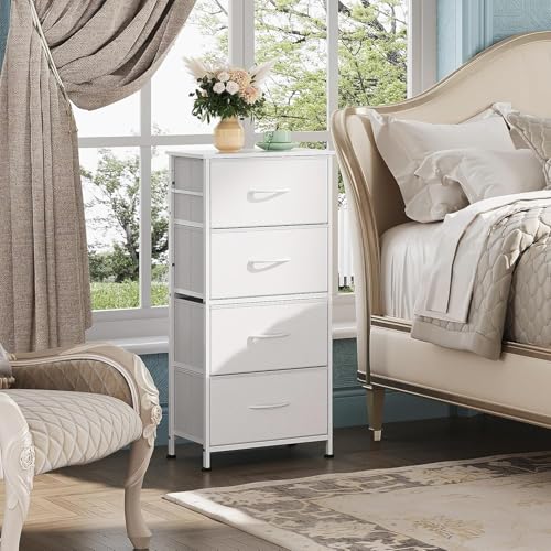 Storage Cabinet for Bedroom, Dresser with 4 Drawers, Fabric Clothes Storage Organizer Unit, Dresser for Hallway, Entryway, Closets, Sturdy Steel Frame, Wood Top, Easy Pull Handle (White)