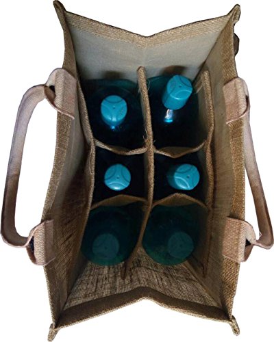 KVR natural Jute burlap wine beer water bottle cum can carrier bag with option to use as Grocery & lunch bag, Eco Environment Friendly versatile flexible (6 bottle bag, natural)