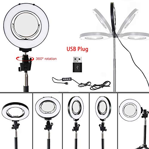 Dimmable Ring Light with Adjustable Height Light Stand,Selfie Stick and USB Plug,6" 3200K~5500K Beauty Table Top Lamp with Makeup Mirror,Mini Tripod and Phone Clamp, Perfect for Vlogs,YouTube Channel