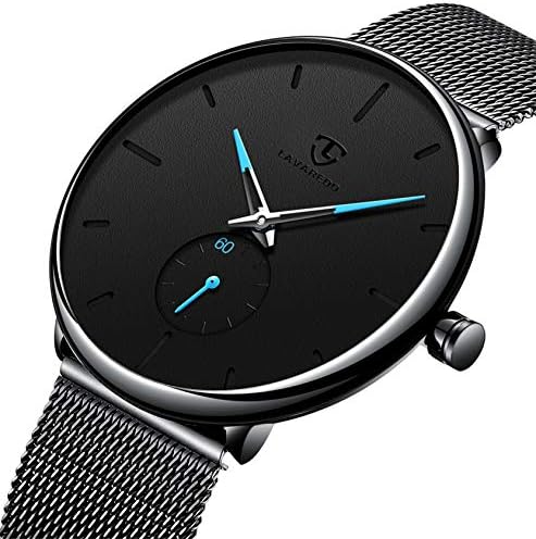 Watch Mens Black Casual Simple Minimalist Ultra Thin Fashion Business Dress Waterproof Quartz Watch with Stainless Steel Mesh Band with Genuine Leather Band