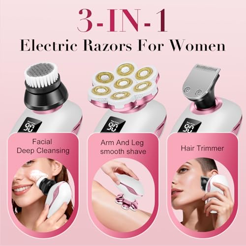 3-in-1 Electric Razors for Women, 7D Hypoallergenic Blades, Painless Shaver | With Facial Brush & Trimmer, IPX7 Waterproof Wet & Dry, USB-C Fast Charge, LED Display, For Face, Legs, Arms and Bikini Area