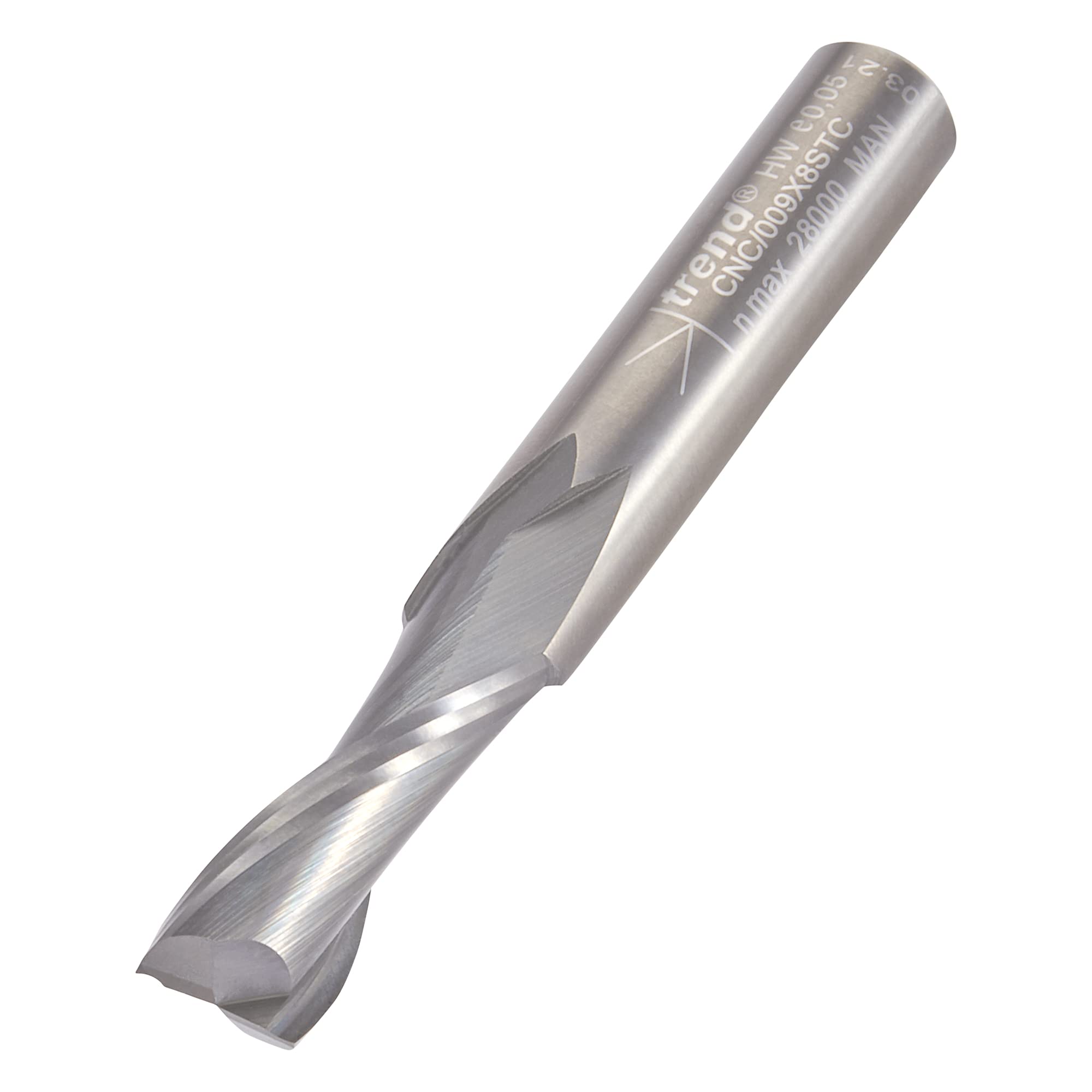 Trend CNC Two Flute Up-Cut Router Cutter, 8mm Shank, 8mm Cut Diameter & 22mm Cut Length, Solid Tungsten Carbide, CNC/009X8STC
