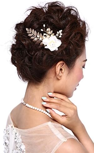 HailieStudio Handmade Bridal Pearls Rhinestones Wedding Golden Floral Hair Comb