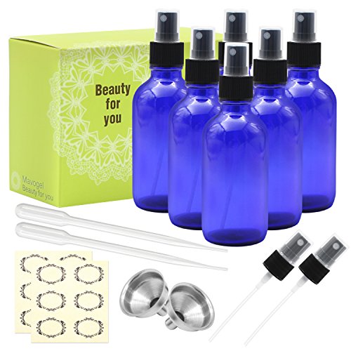 Mavogel Pack of 6, 4 oz Cobalt Blue Glass Bottles with Black Fine Mist Sprayers-Including 2 Extra Black Fine Mist Sprayers, 2 Stainless Steel Mini Funnel, 2 Transfer Pipettes, 6 Bottle Labels