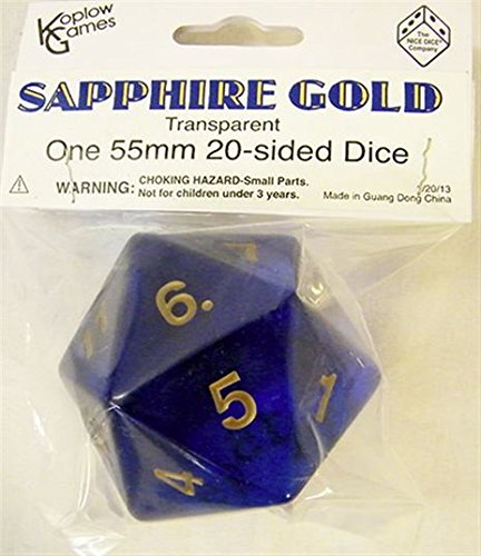 Transparent Sapphire with Gold Numbers 20 Sided Dice 55mm Koplow