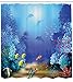 Ambesonne Underwater Shower Curtain, Underwater Coral Reef Polyps Algae Dolphins and Goldfishes Bubbles in Deep Ocean Print, Cloth Fabric Bathroom Decor Set with Hooks, 70