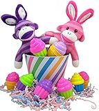 Pink and Purple Sock Monkey Bunny Easter Basket with Cupcake Shape Eggs