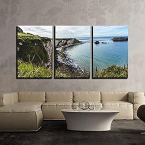 3 Piece Canvas Wall Art - Panoramic Aerial View to Rocky Sea Coastline with Mountains Cliffs - Modern Home Art Stretched and Framed Ready to Hang - 16"x24"x3 Panels