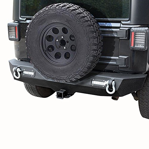 LEDKINGDOMUS Rear Bumper for 07-18 Jeep Wrangler Unlimited JK with 2x LED Lights & 2" Hitch Receiver Textured Black