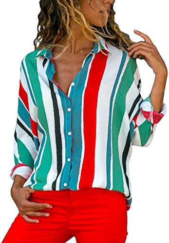 Ecrocoo Women Button Down V Neck Color Block Stripes Casual Cuffed Long Sleeve Chiffion Blouse Tops