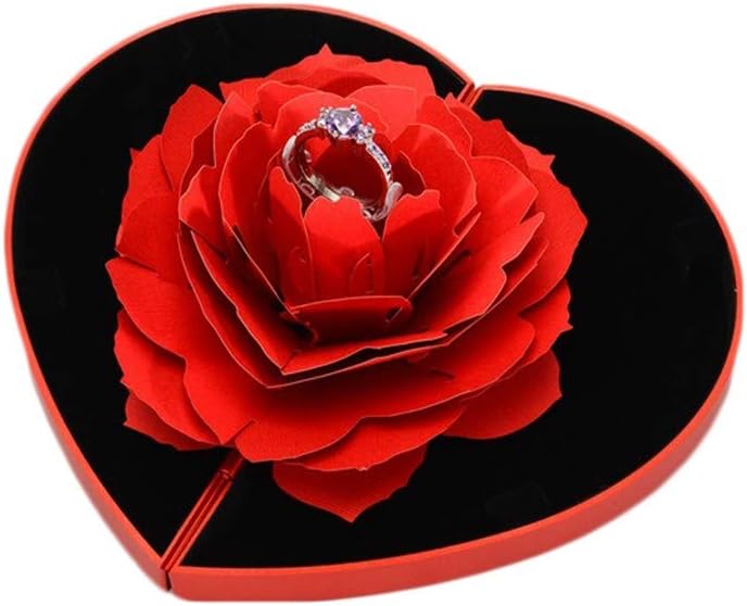 Mintuse Heart-Shaped Spin Ring Box, for Surprise Propose Marriage, 3D Up Rose Ring Box Wedding Engagement Jewelry Storage Holder Case (Red)