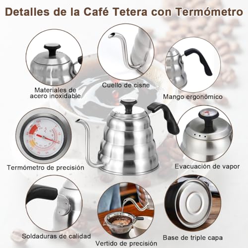 Hervidor de Agua con Termómetro 1.2L, Café Tetera de Cuello de Cisne Acero Inoxidable para Verter sobre Café, Mango Antioxidante, Cafe Goteo a Mano, Prensa Francesa Hervidor de Té para Estufa Cafetera