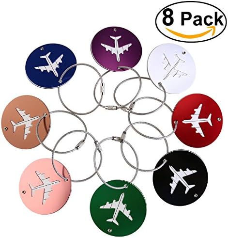 NDHT 9 Different colors Aluminum Air Plane Pattern Round Travel Luggage Bag Tags,Baggage Handbag ID Tag Name Card Holder with Key Ring