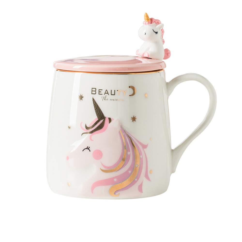 BigNoseDeer Unicorn Cute Ceramic Coffee Mug & Lovely Spoon, Morning Cup Novelty Gift for Magic Unicorn Lovers Girls 380ML