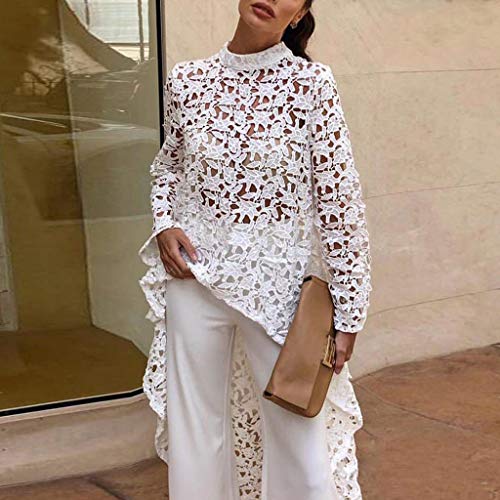 HAALIFE◕‿Women's Lantern Long Sleeve Round Neck High Low Asymmetrical Irregular Hem Casual Tops Blouse Shirt Dress White
