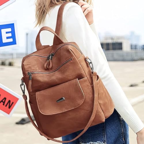 PU Leather Backpack Purse for Women, Fashion Multipurpose Shoulder Bag Handbag, Travel Backpack for Daily Use, Brown