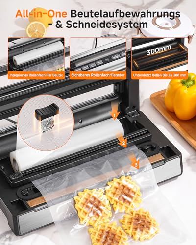 Vacuum Sealer 95 kPa, 9-in-1 Food Vacuum Sealer with Adjustable Time & Pressure Mode, Memory Function, Double Seal, Integrated Cutter & Bag Storage, Includes 2 Rolls & Hose