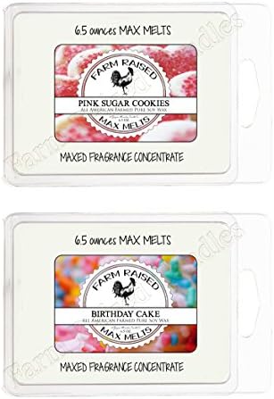 Farm Raised Candles Birthday Cake + Pink Sugar Cookies 2PK Scented MAX Wax MELTS Jumbo Sized (13 Ounces) USA Hand Crafted. Candle Vegan Organic Scented Wax Melts Tart. 100% All Natural