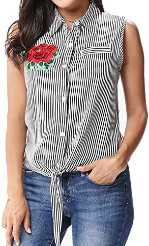 Button Down Sleeveless Knot Tie Floral Top (Small, Black/White)