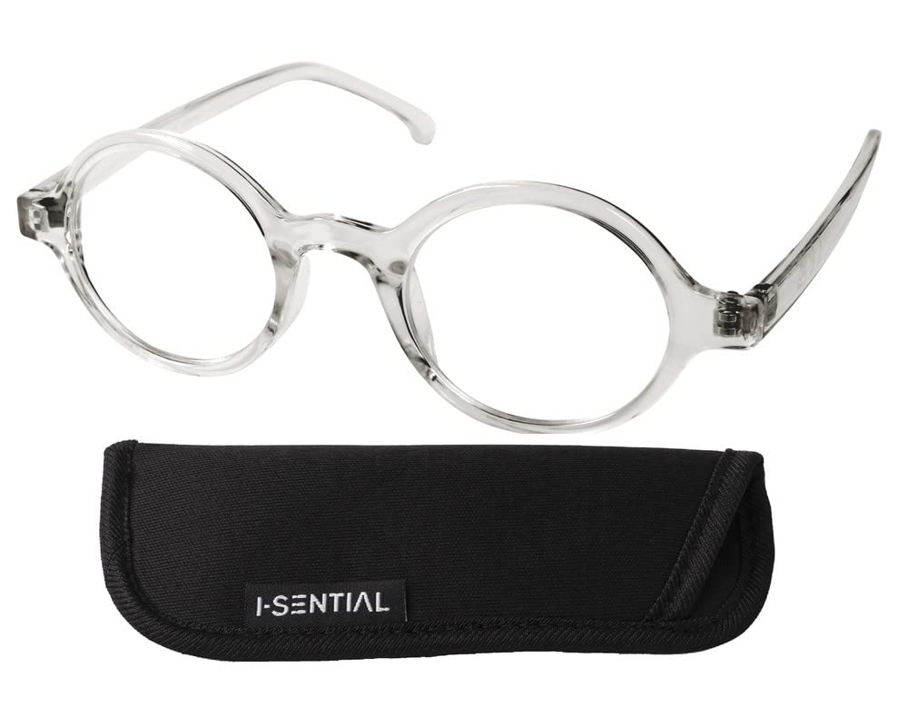 I-Sential Designer Style Round Reading Glasses Transparent Clear Frame Men Women Unisex Retro Vintage Classic & Pouch +3.50
