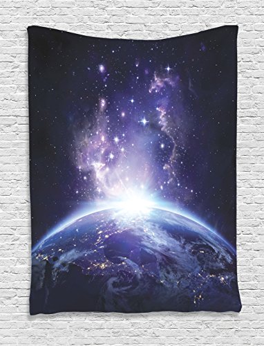 Ambesonne Outer Space Tapestry, Earth Night View from Space Starry Sunrise Sun Rays from Horizon Picture Print, Wall…