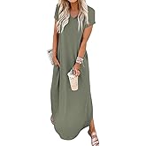 Jeqeocafy Women Summer Long Sundress Crewneck Short Sleeve Maxi Dress 2026 Casual Loose Beach Dress with Pockets