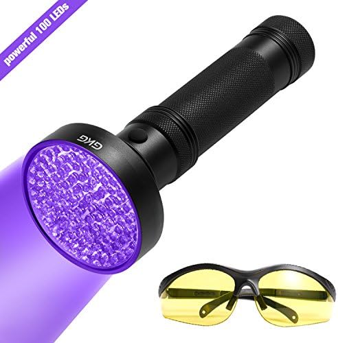 UV Black Light Flashlight GKG 100 LED 395nm Ultraviolet ,Urine Detector Light with UV Sunglasses for Pet Cat Dog Urine Stain Detector Scorpion Hunting Bed Bugs and Hotel Inspection