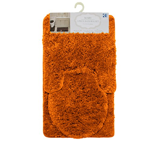 Mary 3 Piece Bathroom Rug Set, Luxury Soft Plush Shaggy Thick Fluffy Microfiber Bath Mat, Countour Rug, Toilet Seat Lid Cover, Non-Slip Rubber Back, Floor Mats Water Absorbent (Orange)