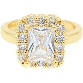 Beautiful Rectangle Emerald Cut Cubic Zirconia CZ Halo Engagement Anniversary Ring, 18k Yellow Gold Filled Plated, Size 6