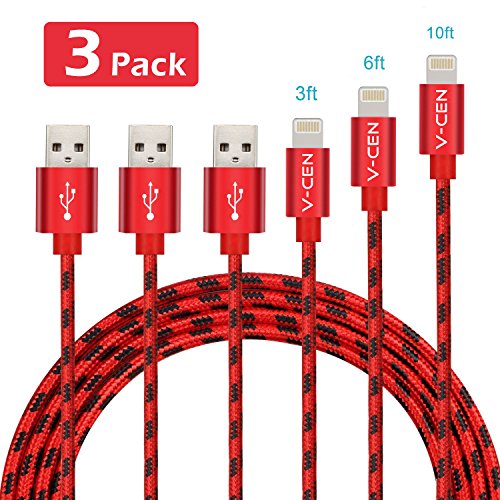 V-CEN Lightning Cable iPhone Charger Cable 3Pack 3 /6 /10 Foot Nylon Braided Lightning Data Cable Charging for iPhone X/ 8/8 Plus/ 7/7 Plus/6s/6s Plus/6/6Plus/5s/5c/5, iPad/iPod - Red