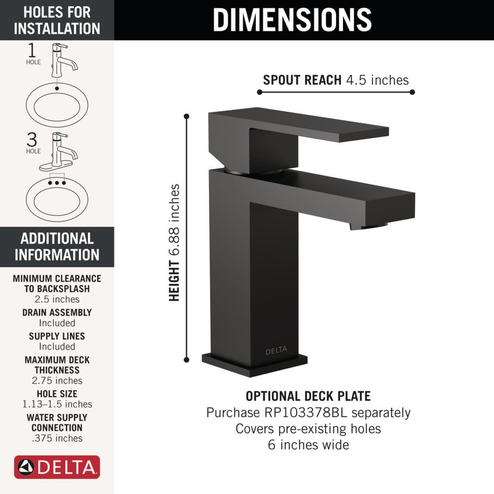 Delta Modern Matte Black Bathroom Faucet 1 Hole, Single Hole Bathroom Sink Faucet for Vanity, Metal Push-Pop Drain Assembly, Matte Black 567LF-BLGPM-PP