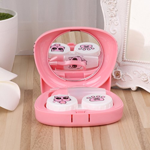 Sarora Mini Contact Lenses Box - Cartoon Cat Contact Lens Travel Kit Case with Mirror for Home and Travel (Green)