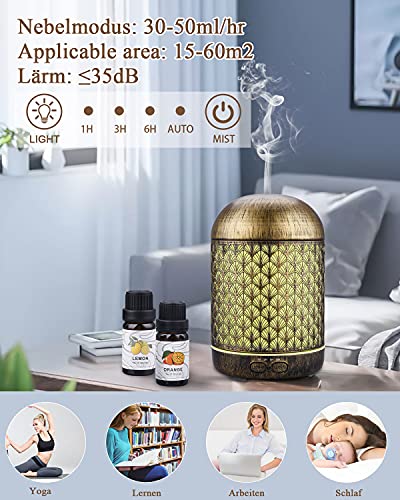 JVJH 300ml Aroma Diffuser, Metall Aromatherapie Diffusor mit 2 x10ml Ätherische Öle Set,Raumbefeuchter Elektrisch Duftlampe,7 Farbe Licht Vintage Diffusor für Home &Office