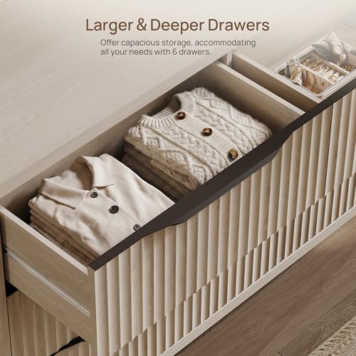 SICOTAS Dresser for Bedroom 107" Wide 6 Drawer Dressers & Chests of Drawers for Closet Long Large Modern TV Stand Set for Clothes Storage Fluted Wide Clothes Closet for Hallway Entryway, White Alder
