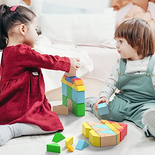 zhiwuzhu Wooden Building Blocks for Toddlers 3 4 5, Montessori Toy for Kids, 48PCS Stacking Blocks with 30-Piece Instruction Cards and Storage Bag, Preschool Educational Toy for Boys and Girls Gifts