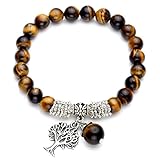 Top Plaza Stretch Tiger Eye Stone Tree of Life Lucky Stone Bracelet Reiki Healing Crystal Gemstone Dangle Charms Pendant Birthstone Bracelet(6.2