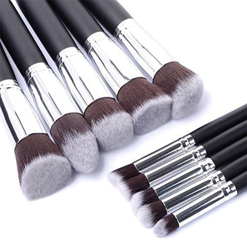 Aliliya Professional 10PCS Premium Luxurious Synthetic Hair Kabuki Makeup Brush Set Cosmetics Foundation Blending Blush Face Powder Brush Makeup Brush Kit (Silver Black)