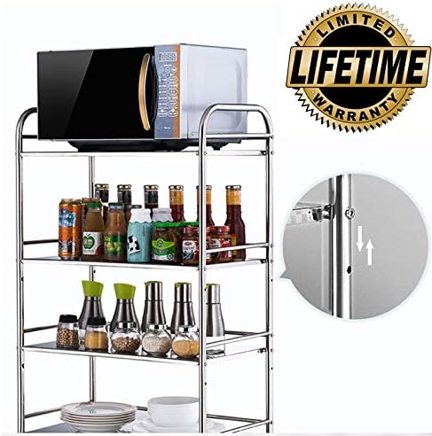 YLFTC 4 Tier Kitchen Cart Rolling Cart Microwave Cart Shelving Unit Microwave Stand 201 Stainless Steel Bearing strong Panel height Adjustable Easy to Assemble (Size : 60cm × 35cm × 100cm)