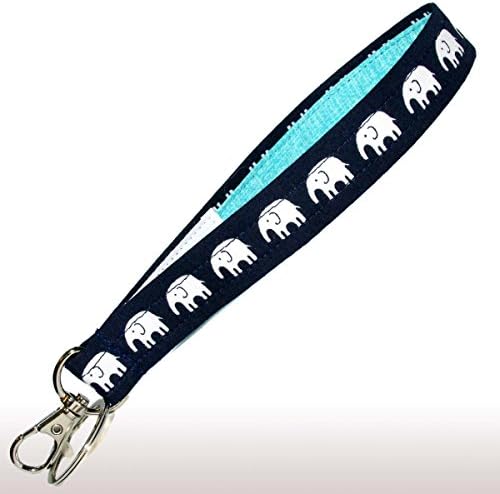 Elephants Keychain - Key Fob Strap - Navy and Aqua Key Chain - Purse or Wallet Strap - 3/4 Inch Wide - 6 Inch Loop - Safari - Africa - Zoo