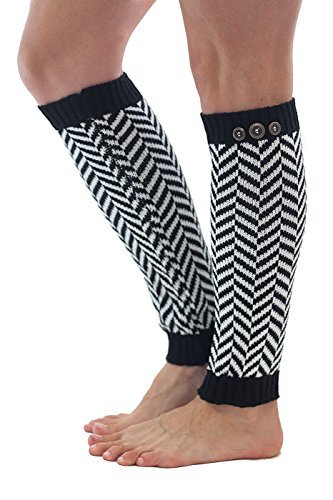 Chevron Leg Warmers Womens Knit with 3 Buttons By Modern Boho (Black)