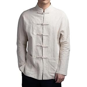 Men's Chinese Traditional Kung Fu Tang Suit Tai Chi Jacket with Stand Collar Linen Cotton Long Sleeve Jacket Coat