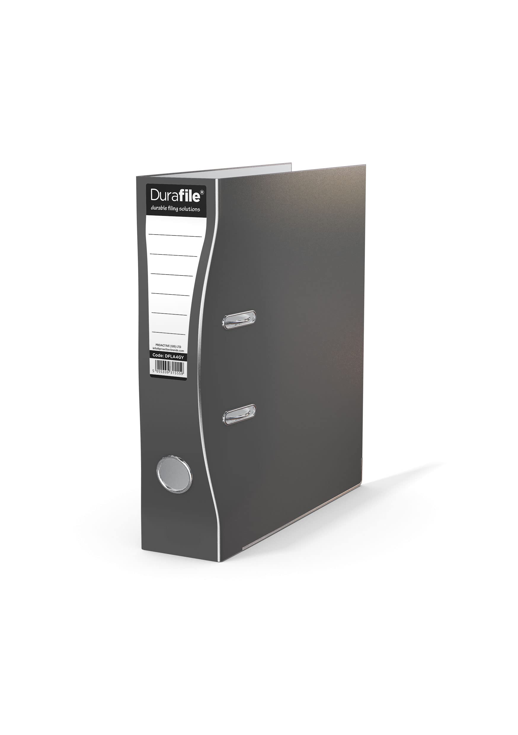 Durafile Lever Arch File, Grey File, 'Ergonomic Curved Spine' Single Folder, Glossy Heavy Duty Board Construction with Metal Mechanism, Suitable for A4 Documents, Storage File folders