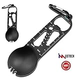 iMustech 11-in-1 Multifunctional Tool, Spoon, Fork, Bottle Opener, Bit Holder, Wrenches Imperial & Metric, US & Metric Ruler, Carabiner, Flat Head Screwdriver, Nail Puller, Outdoor Tool (Black)