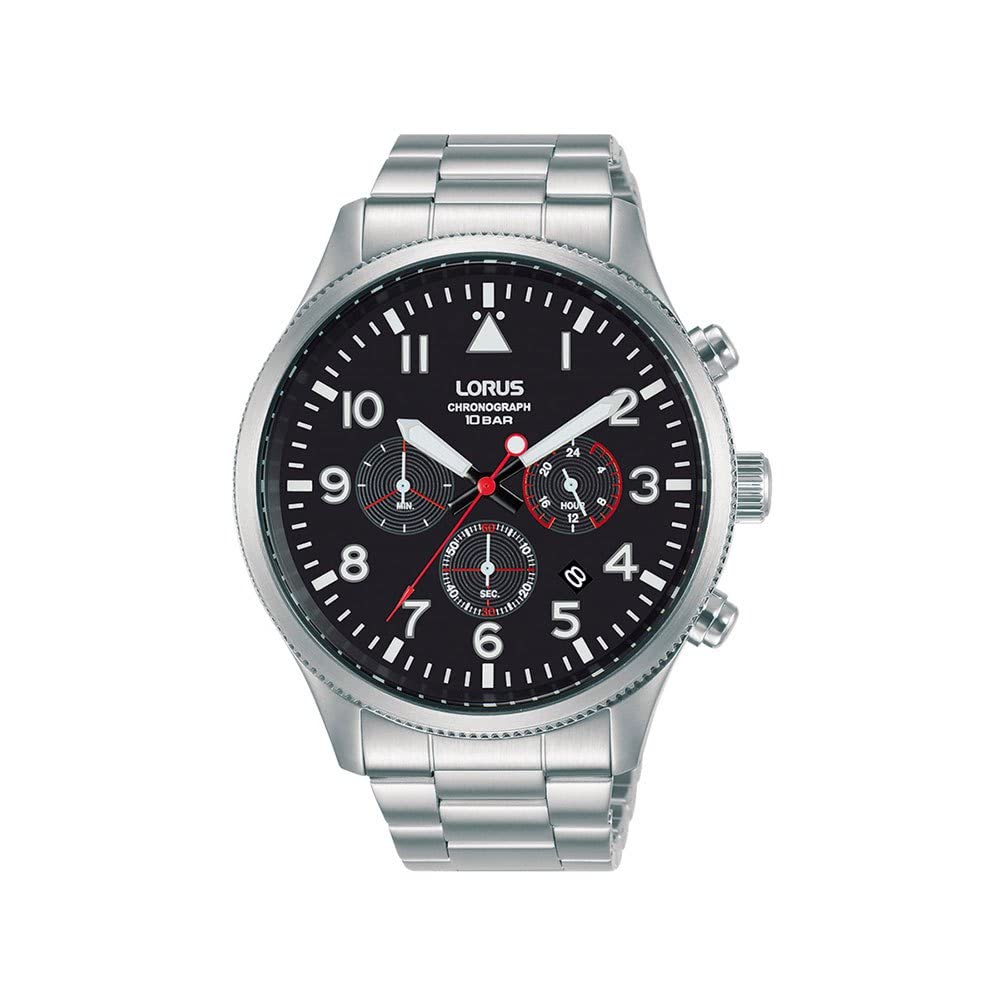 Lorus Mens Aviator Chronograph Watch with Stainless Steel Strap & Black Dial