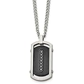 Auriga Fine Jewelry Stainless Steel Brushed and Polished Black IP-plated Center with Black Cubic Zirconia Dog Tag on a Curb Chain Necklace 22"