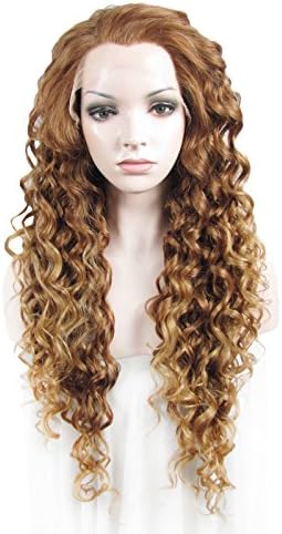 Lace Wig Long 26"Curly Wig Synthetic Lace Front Wig Heat Resistant Brown Mixed Blonde