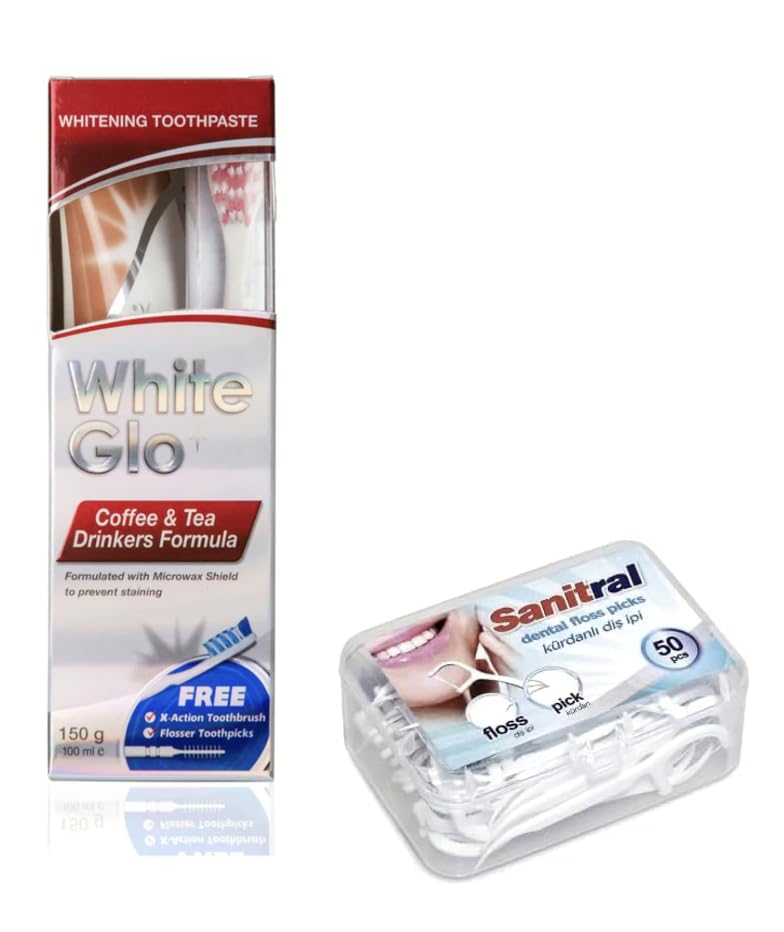White Glo Premium Coffee & Tea Drinkers Formula Intense Extra Whitening Toothpaste & Toothbrush-100 ml ((with Sanitral 50 Pcs Dental Floss Stick Included as a Gift)