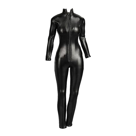 Gazechimp 1:6 Weibliche Figuren Kunstleder Overall Jumpsuit Kleidung mit Reißverschluss Schwarz 24cm