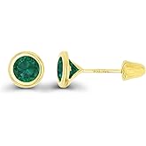 Solid 14K Gold Hypoallergenic 4mm Round Solitaire Genuine Birthstone Bezel Screw Back Stud Earrings